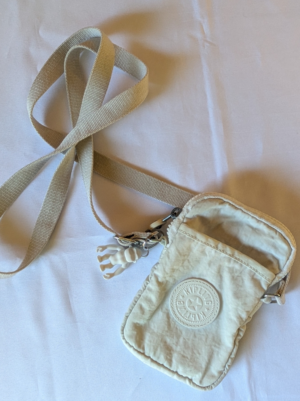 Kipling Light Beige Nylon Crossbody Phone Pouch with Charm